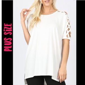 Plus Size Ivory White Criss Cross Shoulder Blouse